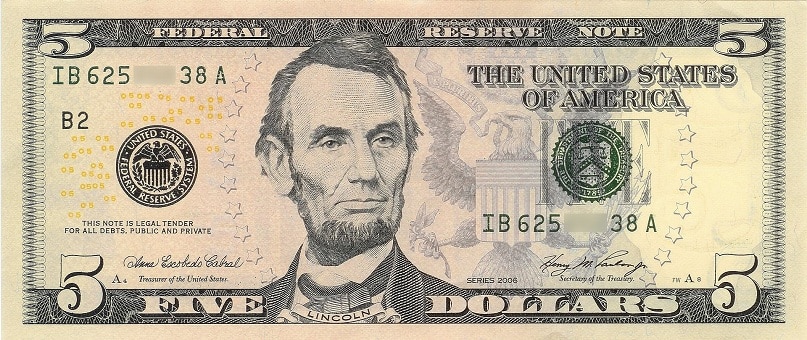 United States Five Dollar Bill or Fiver